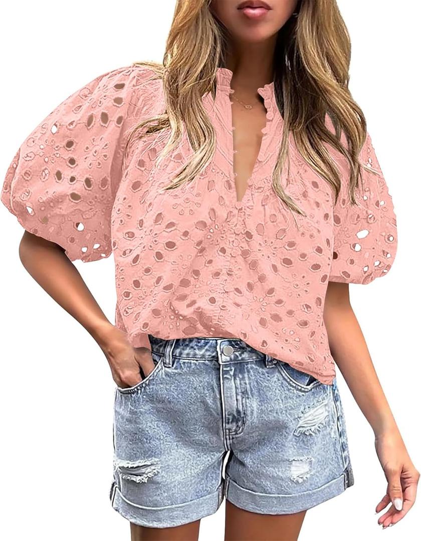 BETTE BOUTIK Women's Long Short Sleeve Tops 2025 Dressy Casual Button Hollow Out Lace Embroidered Blouses Shirts (Pink, M)