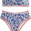 WDIRARA Women's Floral Print Strapless Lace Up Bikini Swimsuit 2 Piece Bathing Suit (Medium, Blue and Multicolor)