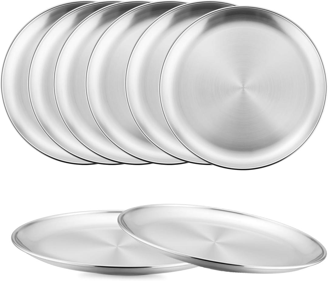 8-Piece Stainless Steel Plates, 8 Inch Metal Dinner Dishe Serving Camping Plates, Reusable and Dishwasher Safe