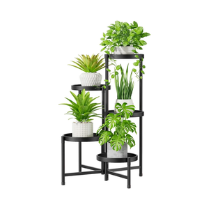 iDavosic.ly 5 Tier Large Plant Stand Indoor with 10 Inch Wide Tray, Tiered Corner Metal Outdoor Flower Display Holder Shelf, Folding Tall Rack for Patio Porch Living Room, Modern Black