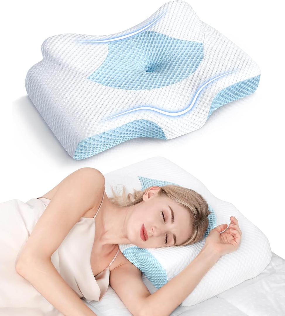 Osteo Cervical Pillow for Neck Pain Relief, Hollow Design Odorless Memory Foam Pillows with Cooling Case, Adjustable Orthopedic Bed Pillow for Sleeping, Support for Side Back Sleepers (Standard High(24.5*16.5*5.2/4.1 inches), Blue)