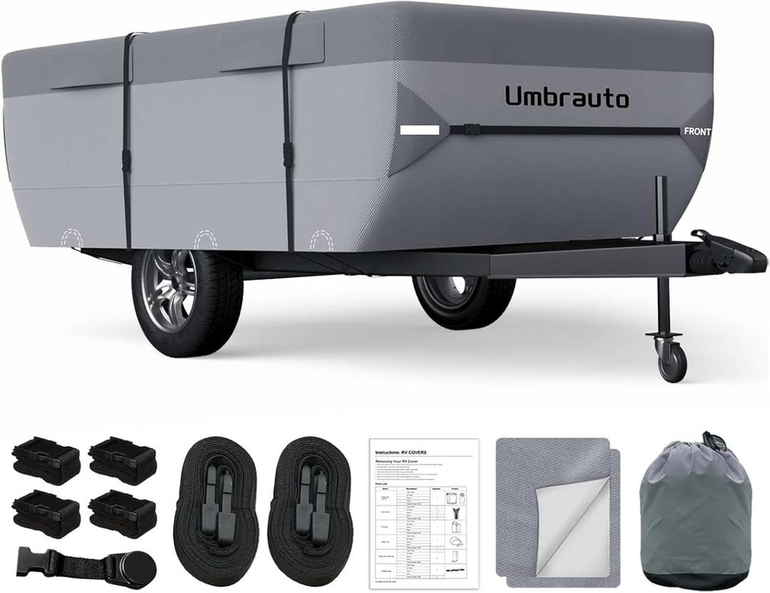 Umbrauto Pop Up Folding Camper Cover Fits 10-12, Upgraded 7 Layers Top Tent Trailer Cover Waterproof Extra Thick Polypropylene Breathable Ripstop Pop Up Folding Trailer Cover