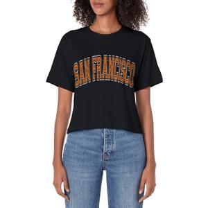 San Francisco Arched Orange Text Women's Crop Top (S, Black)