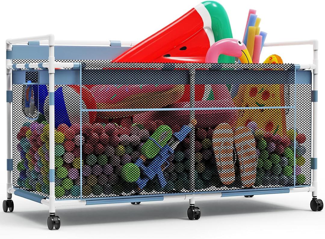 245 Gallon Extra Large Pool Storage Bin, Mesh Pool Float Storage with Durable Frame & 6 Wheels, Heavy Duty Outdoor Pool Organizer for Swimming Equipments, Toys, Noodles, Balls, Floats (Single Decker)