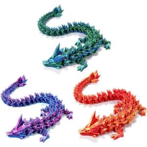 AMOMELA 3D Printed Crystal Dragon 12In 3Pcs-Perfect Basket Essentials Stuffers, 3D Printed Flexible Articulated Dragon,Fidget Toys for Autism/ADHD(Purple+Green+Red)