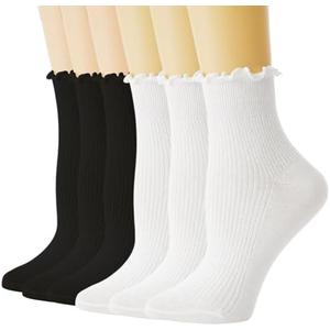 TOAMOUR Womens Ruffle Socks, 12 Pairs White Lettuce Edge Turn-Cuff Cotton Frilly Ankle Crew Boot Socks