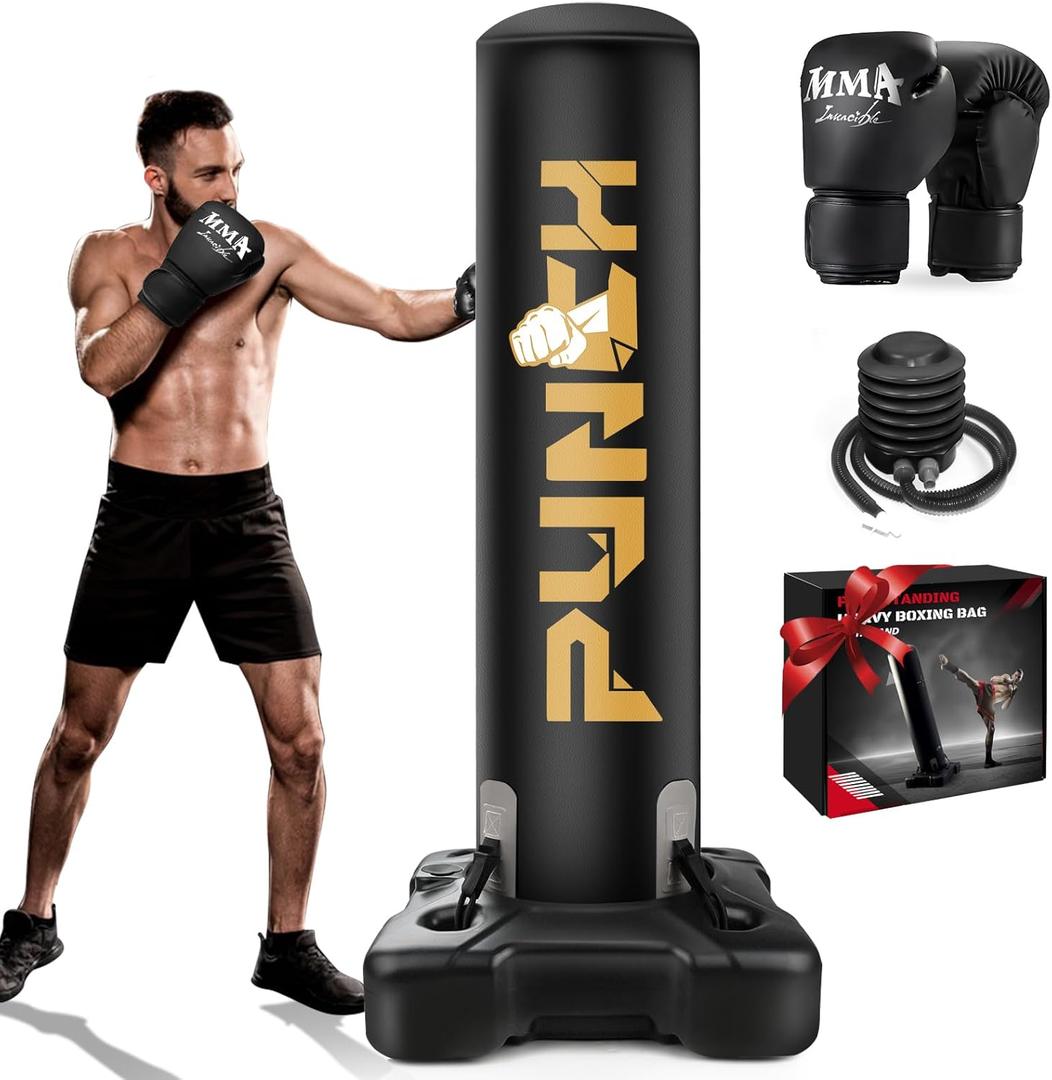Heavy Boxing Bag with Stand for Adult Teens, Freestanding Inflatable Punching Bag with Gloves, Men Women Stand Kickboxing Boxing Set for Martial Arts MMA Home Gym Exercise Training Equipment