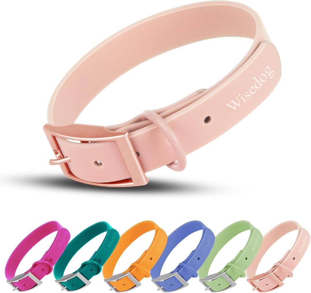 Wisedog Waterproof Dog Collar: Multiple Adjust 7" to 23.6", Soft Rubber Coated Webbing, Easy to Clean, for Small Medium Large Dogs (M|12"-16"  4/5 in, Gossamer Pink)