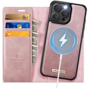 Wallet Case for iPhone 14 Pro Compatible with Magsafe, 2-in-1 PU Leather Flip RFID Blocking Card Holder Stand Shockproof Magnetic Detachable Cover for iPhone 14 Pro Case 6.1", Pink