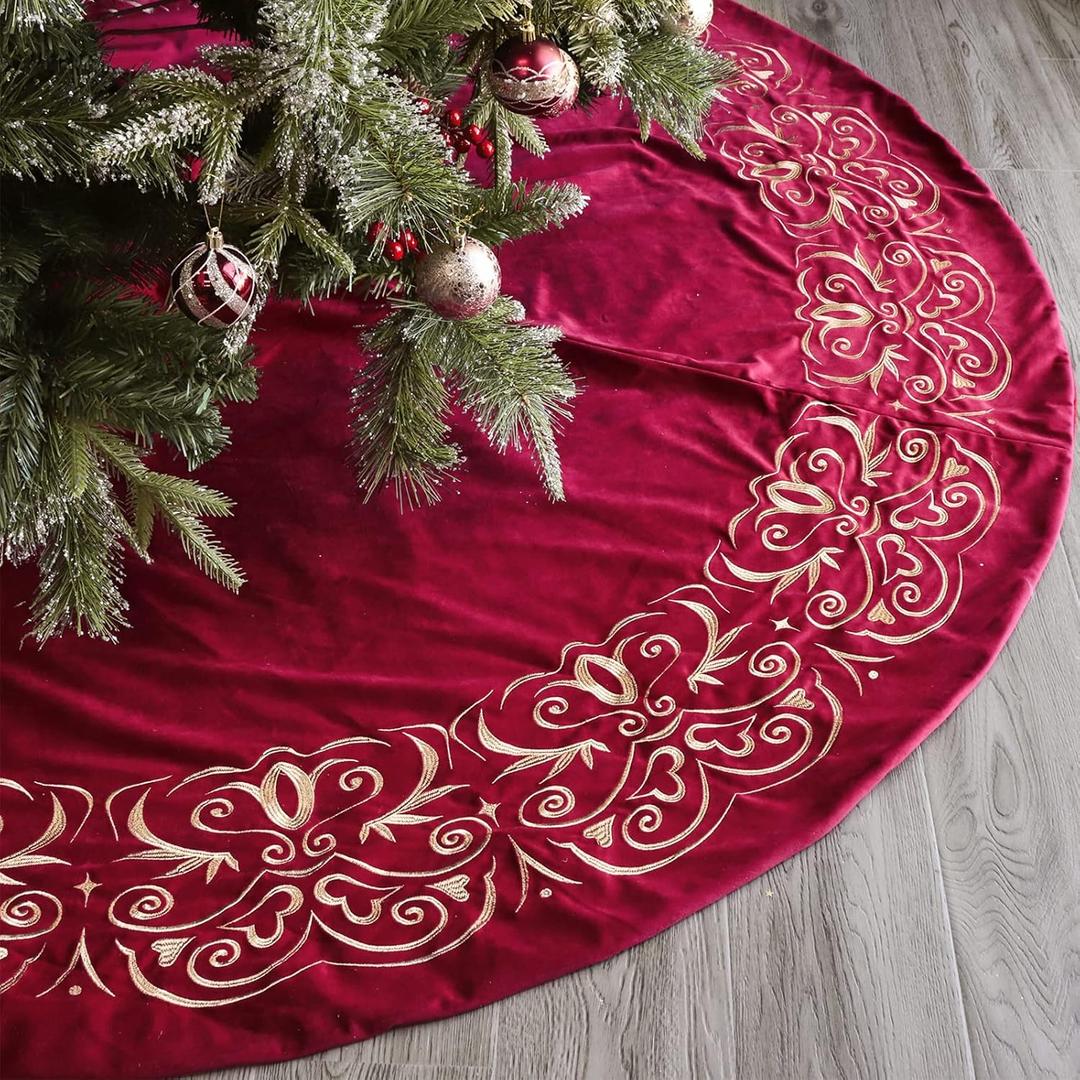 Christmas Tree Skirt, 72 inch Extra Large Velvet Fur Plush Red Tree Skirt, Xmas Tree Skirts with Gold Embroidered for Merry Christmas Party Large Christmas Tree Holiday Decorations