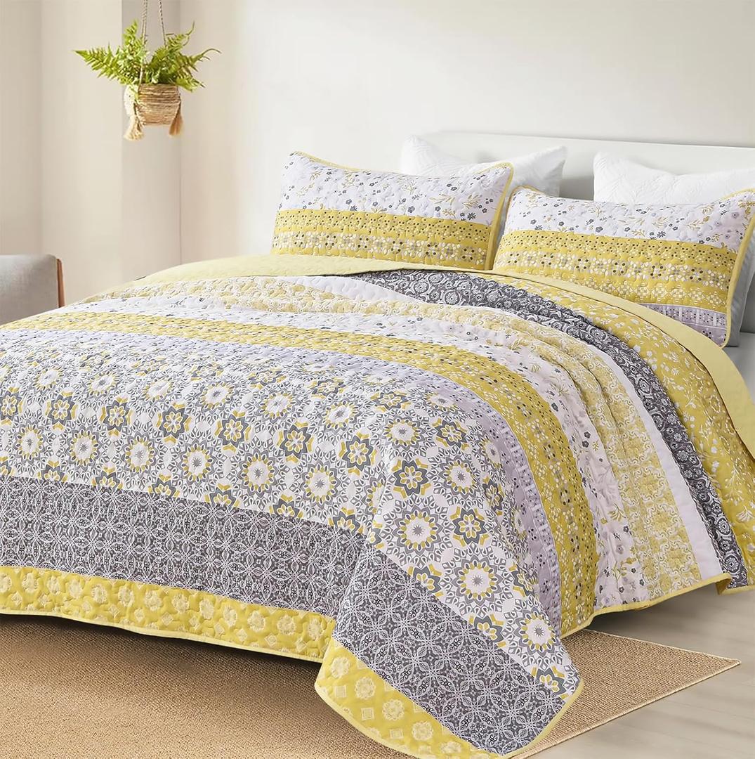 WONGS BEDDING Boho Quilt Set Queen, Yellow Bohemian Striped Patchwork Bedspread Coverlet Set with 2 Pillowcases,Lightweight Microfiber Floral Bedding Set 96"90"