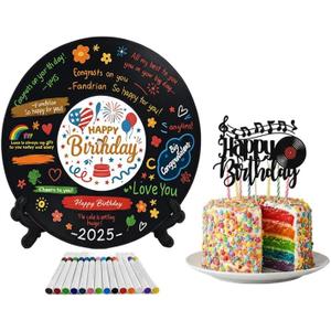 Vinyl Birthday Guest Book Set  Signable Vinyl Record Decor with 12 Colored Markers, Music Cake Topper & Display Stand  Retro Keepsake for Adult Birthday Parties, Celebrations & Events