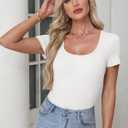 Women's Short Sleeve Tops Casual Scoop Neck Ribbed Knit Slim Fitted Basic Tee Shirts 2025 Summer Trendy Outfits (White, M)