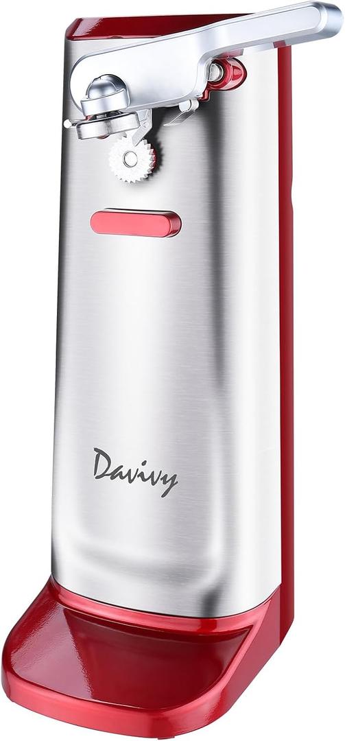 Davivy Electric Can Opener, One Touch Lid Opening, Removable Stainless Steel Cutter and 3-in-1 Design, with Sharpener and Bottle Opener (Stainless Steel-Red)