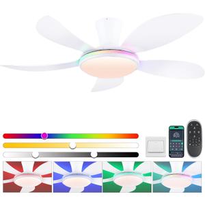 PHORUS RGB Ceiling Fans with Lights and Remote/APP,48" White Low Profile Ceiling Fans with Quiet Reversible DC Motor, Modern Flush Mount Fans Light with 3 Colors 6 Speeds