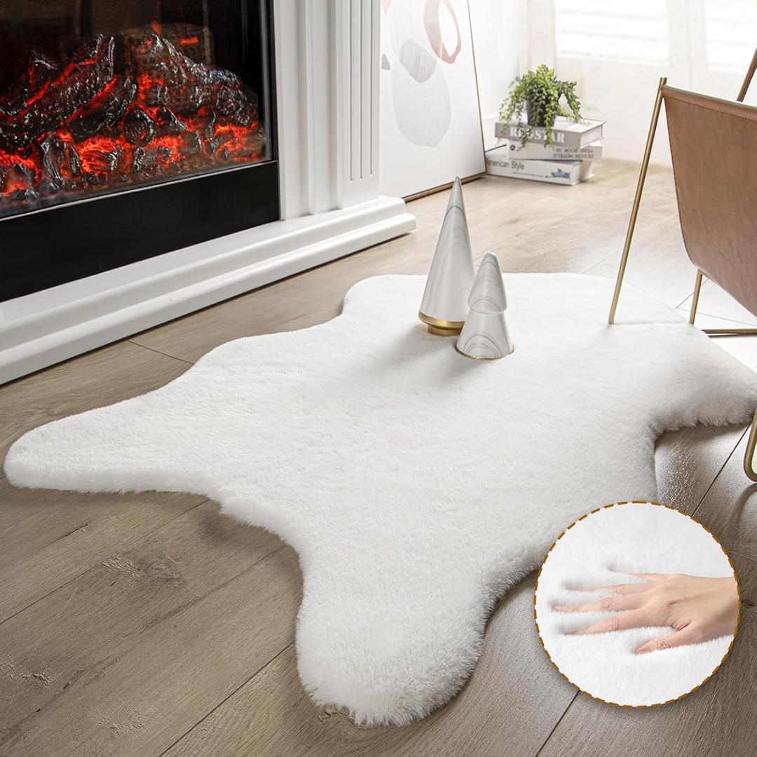 Ashler Faux Fur Rug, Upgraded Soft Faux Rabbit Fur White Area Rugs, 2 x 3 Feet, Machine Washable Nursery Decor Throw Rugs for Bedroom, Kids Room, Living Room