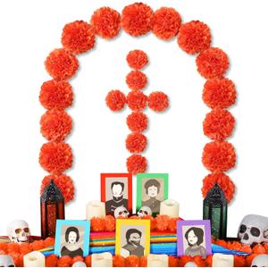24 Pcs Day of The Dead Decorations Dia De Los Muertos Altar Decor Artificial Marigold Flower Mexican Party Ofrenda Decorations for Diwali Halloween Decor (Orange)