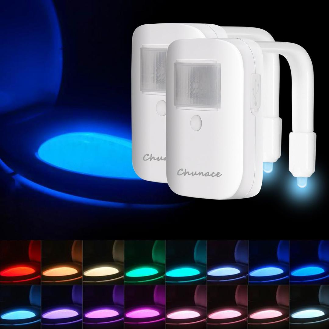 2 Pack Rechargeable Toilet Night Light with Motion Activated Sensor, 16 Colors LED Nightlight Inside Bowl, Cool Stuff for Bathroom Accessories, Unique & Funny Gadgets for Men/Kids Birthday Gift 2025