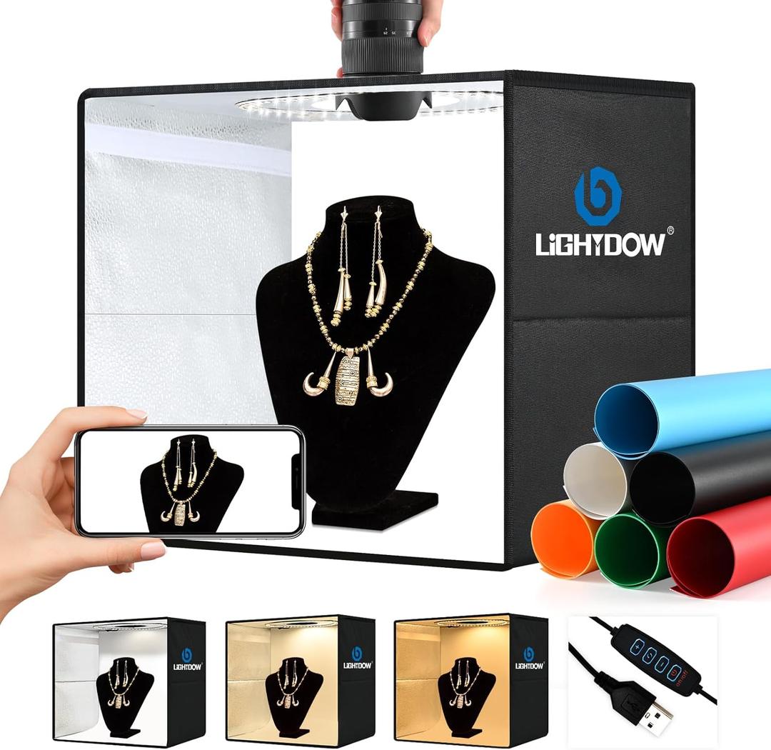 Lightdow 16"x16"x12" Photo Studio Light Box Photography with 120 LEDs (CRI>95), 6 Backdrops - Portable/Dimmable/Versatile Folding Shooting Tents for Toys/Jewelry/Watches/Cosmetics Photography