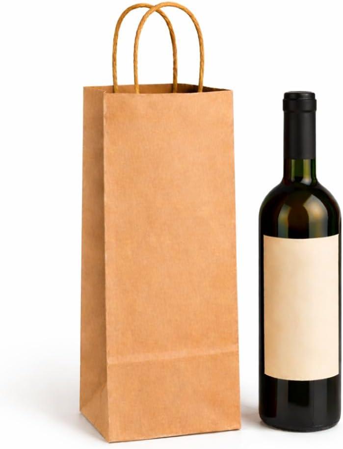 Kraft Wine Gift Bags with Handles 50 Pack Brown Paper Wine Bottle Bags, 5.25" x 3.25" x 13" (Brown Kraft)