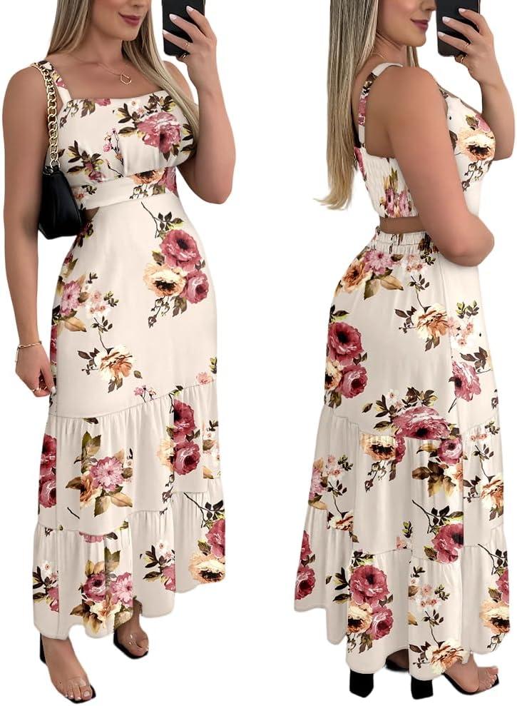 CHICME Summer Dresses for Women 2026 Sleeveless Casual Boho Maxi Dress Square Neck Cut Out Floral A Line Dress, Large