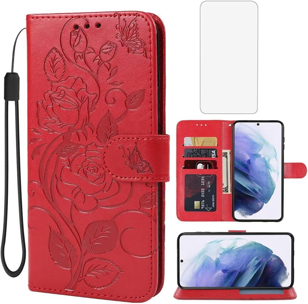 Case for Galaxy S21 5G Case, Samsung S21 SM-G991U Wallet Case with Tempered Glass Screen Protector, Flower Leather Flip Credit Card Holder Stand Phone Cover Cases for Samsung Galaxy S21 5G Red