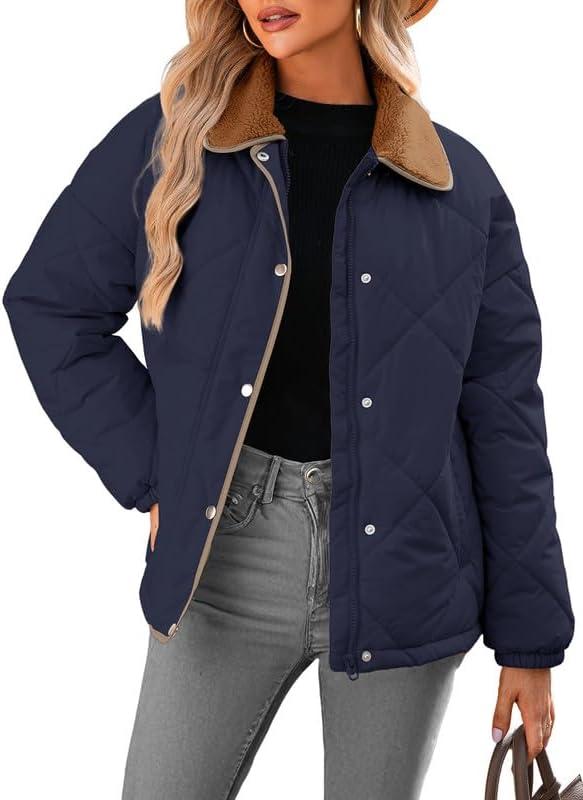 Dokotoo Women's Winter Casual Quilted Jackets Long Sleeve Button Down Puffer Jacket Padded Outerwear Coats (Medium, Navy Blue)