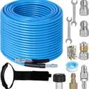 150 FT Sewer Jetter Kit for Pressure Washer, 5800PSI Water Jet Drain Cleaner Hose, 1/4 Inch NPT Corner with 4 Sewer Jetting Nozzles, Pearl Corsage Pin, Waterproof Tape, Handle Strap&2 Spanner (Blue)