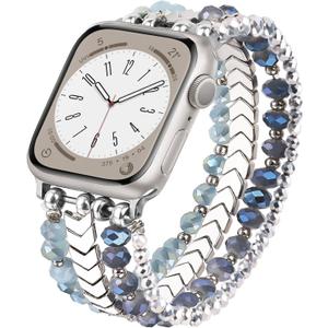 MOFREE Beaded Bracelet Compatible with Apple Watch Band 38mm/40mm/41mm/42mm, Fashion Elastic Stretch Women Bands for iWatch Series 11/10/9/8/7/SE/6/5/4/3/2/1 iPhone Watch Strap Bands (Blue/Silver)
