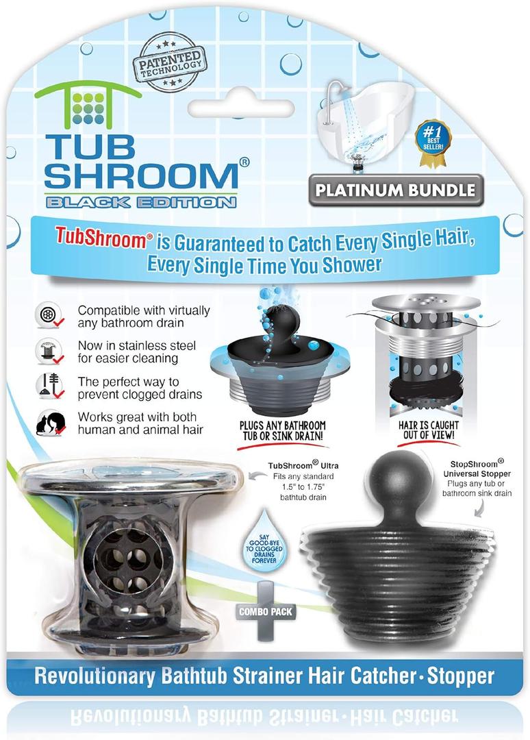 TubShroom Tub Drain Hair Catcher Combo Pack with Silicone Stopper, Black Chrome  Protector and for Bathroom Drains, fits any standard bathtub drain measuring 1.4 to 1.8 wide