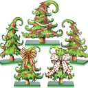 Pinkunn 5 Pcs Whimsical Christmas Table Decorations Wooden Lime Green Christmas Tree Table Centerpieces Lime Green Xmas Tree Wood Sign for Home Tabletop Ornament Holiday Xma Party Tiered Tray Decor