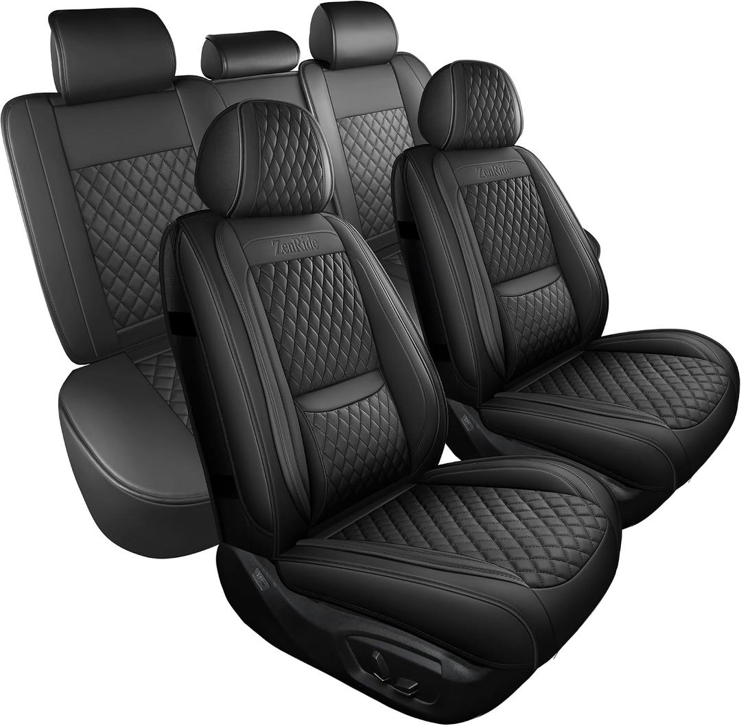 Black Thick Nappa Leather 3D Contoured Automotive Car Seat Covers Full Set