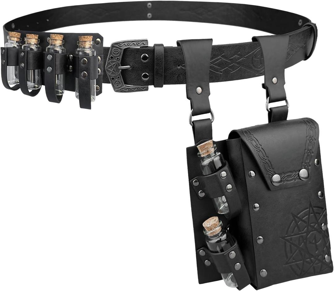 Medieval Alchemy Belt Waist Pack Combo with Multiple Potion Bottles, Viking Rivet Belt Side Pouch for Cosplay (Black) Medieval Alchemy Belt Waist Pack Combo with Multiple Potion Bottles, Viking Rivet Belt Side Pouch for Cosplay (Black)