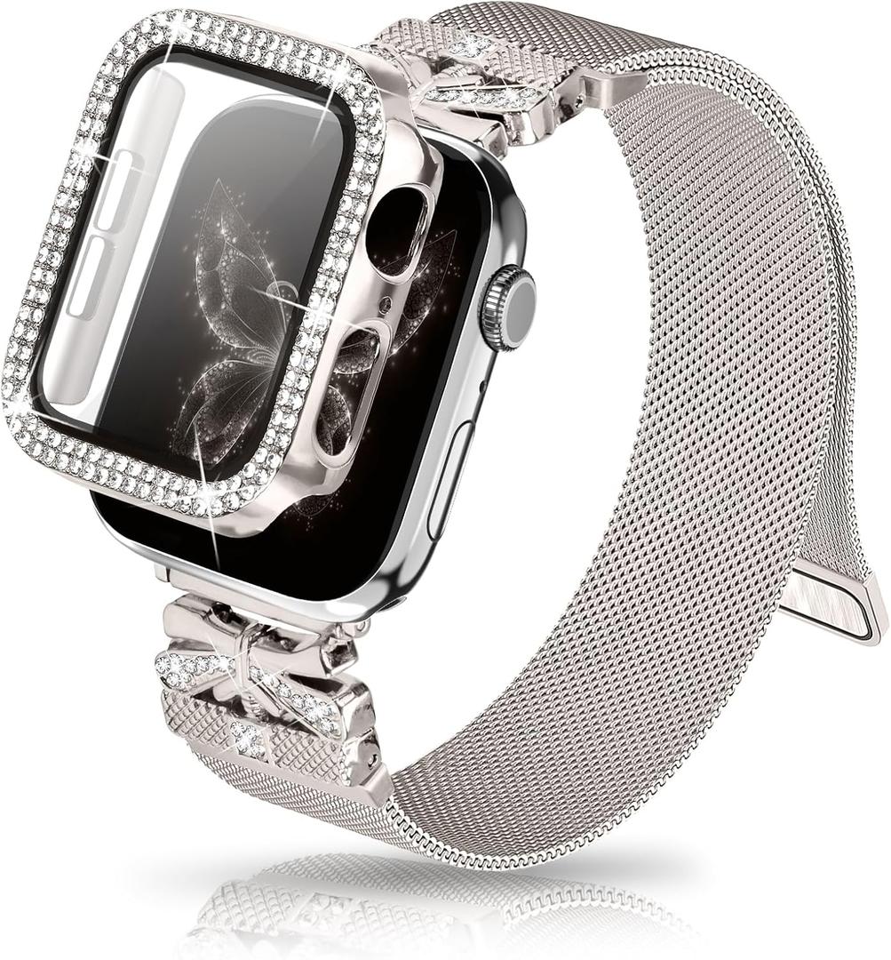 Magnetic Band for Women Compatible with Apple Watch Band 38mm 40mm 41mm 42mm 44mm 45mm 46mm Milanese Stainless Steel Loop with Bling Protective Case, Dressy Metal Strap Replacement iWatch Band (Starlight)