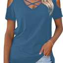 Amoretu Womens Summer Shirts V Neck Criss Cross Cold Shoulder Tops Blouse (Blue, L)