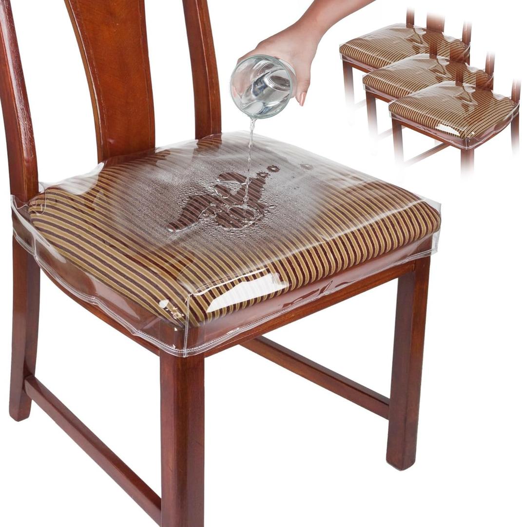 Plastic Chair Covers, Plastic Seat Covers for Dining Chairs, Chair Protector, Vinyl, Clear, Waterproof for Cushion, Cats, Kids, Kitchen Room Table, Fits 16-18 Inch, 4 Pack