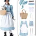 8 Pcs Pioneer Costume for Girls Floral Colonial Prairie Dress for Kids (12-14 Years, Blue)