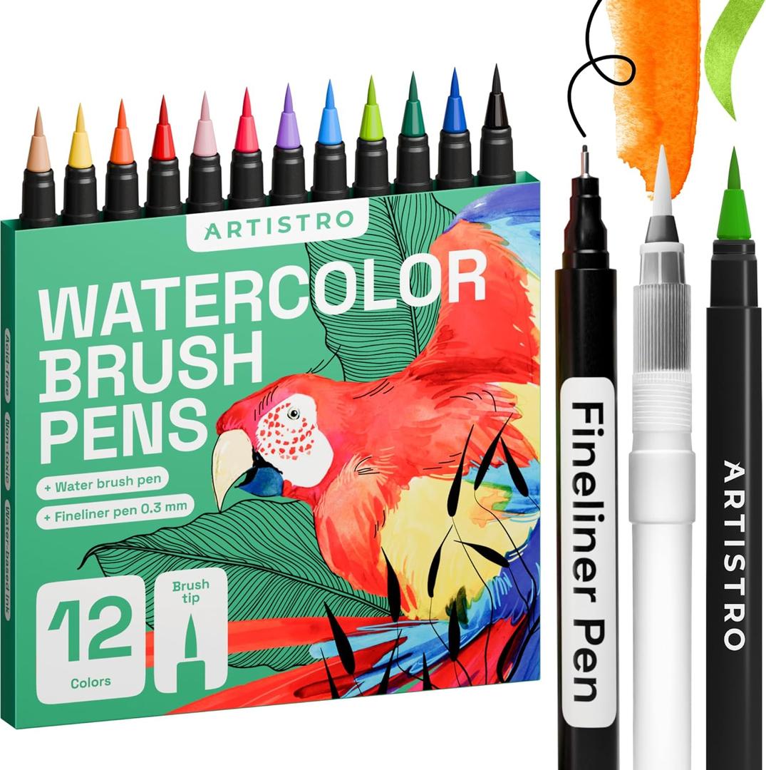 ARTISTRO 11 Watercolor Markers Set Gift for Girls, Teens & Beginners Includes Brush Pens, Fineliner and Water Brush Vibrant, Non-Toxic, Washable Ideal for Art, Calligraphy & Fun