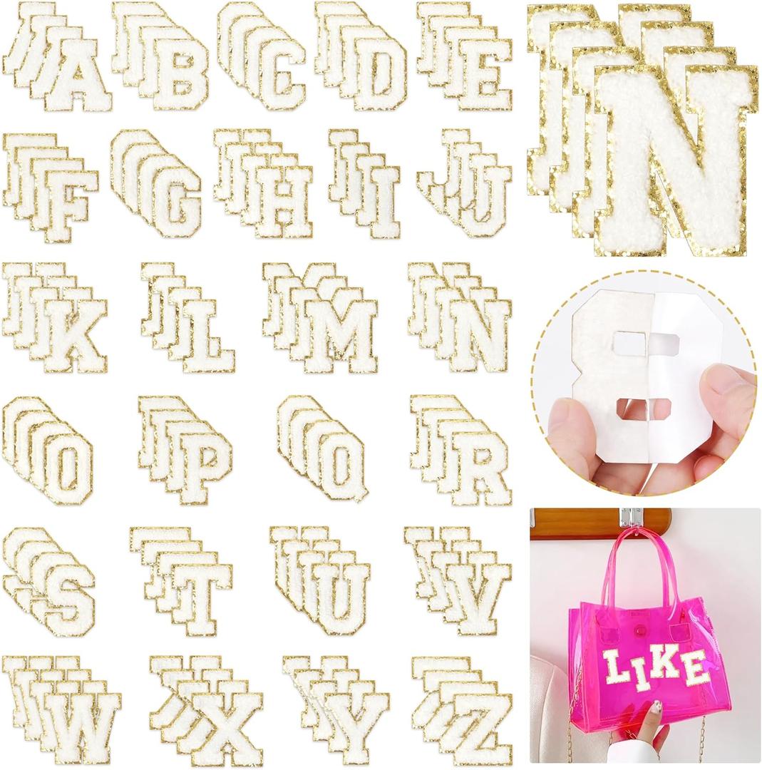 Self-Adhesive Chenille Letters Patches: NICEVINYL 104PCS White Preppy Letter Patches Stickers for Clothing Backpacks - Embroidered Cheille Initial Patch for DIY Decor