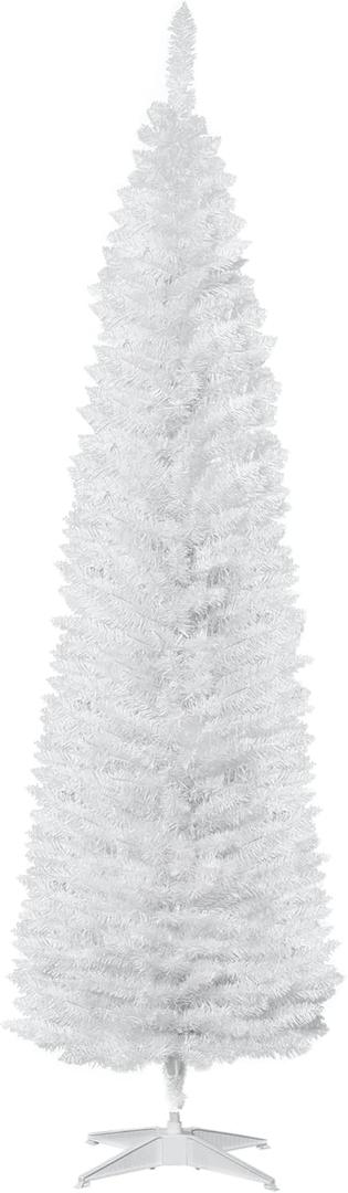 HOMCOM 7' Artificial Pencil Christmas Tree, Slim Xmas Tree with 499 Realistic Branch Tips and Plastic Stand, White