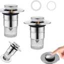 3 x Bathroom Sink Drain Strainer, Pop Up Sink Drain Strainer with Removable Stainless Steel Filter Basket Hair Catcher, Universal Drain Plug for Bathroom Sink Stopper Replacement (2 pcs)