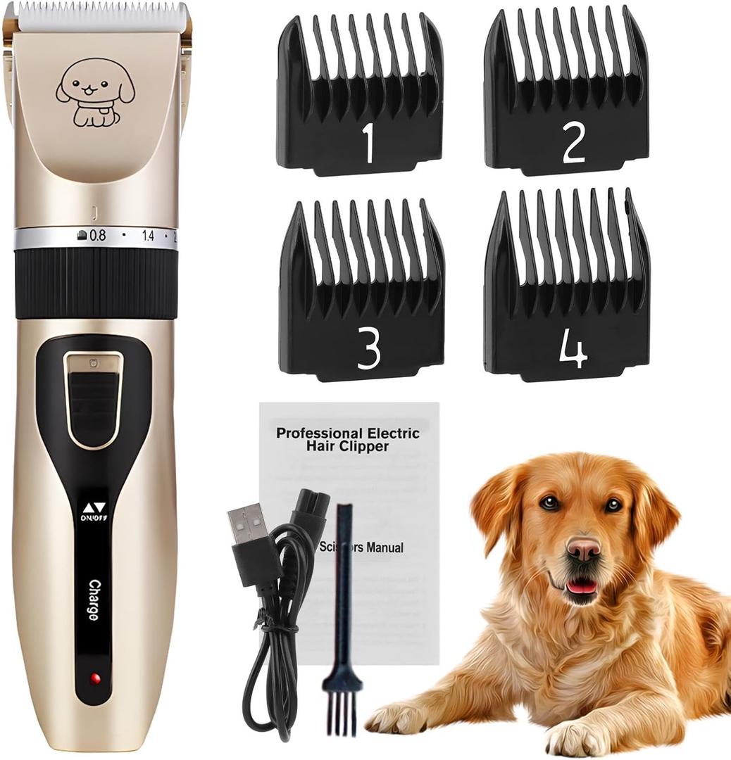 Pilarmuture Dog Grooming Clippers - Low Noise Rechargeable Electric Cat Shaver Shears for All Pets, Dog Trimmer with 4 Guard Combs