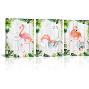 Biuteawal 3 Piece Flamingo Wall Art Bathroom Picture Decor Palm Leaves Green Tropical Plant Prints Framed Posters Artwok Home Kids Rooms Decoration