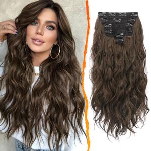BARSDAR Beach Wavy Brown Clip in Hair Extensions 20 Inch 6PCS Thick Soft Synthetic Hairpieces, Full Head Clip in Hair Extensions for Women Long Voluminous Easy Wear Daily Party - Brown