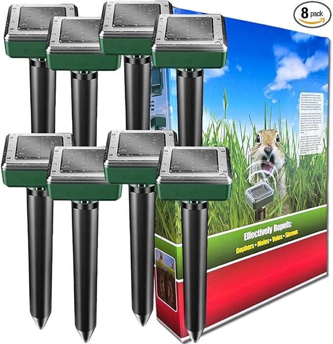 Mole Repellent Ultrasonic Solar Powered Animal Repellent for Outdoor Lawn Garden for Snakes, Moles, Gophers, Groundhogs, Voles and Other Burrowing Rodents (8 Pack)