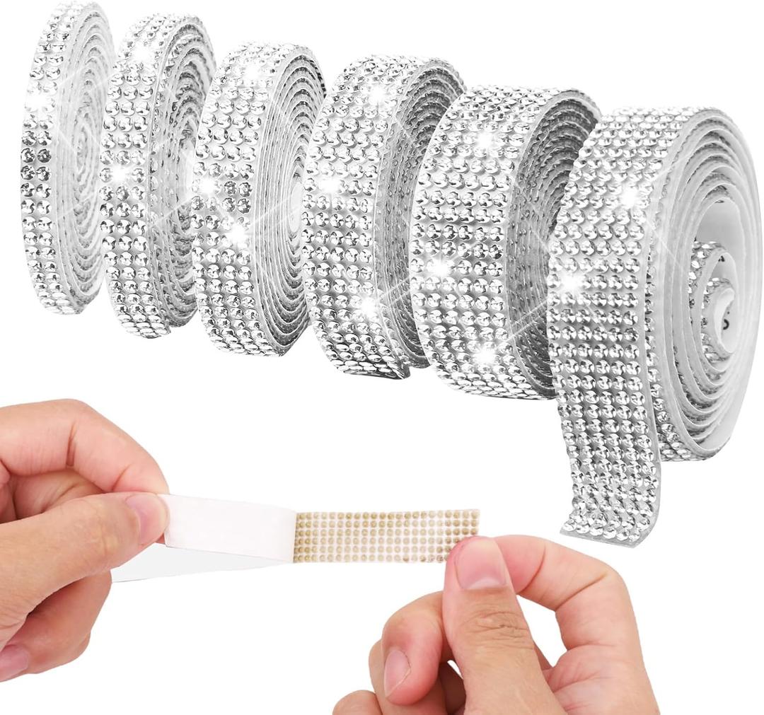 6 Rolls 6 Yards Rhinestone Ribbon Self Adhesive, Silver Rhinestone Strips,Bedazzling Tape with 2 mm Rhinestones