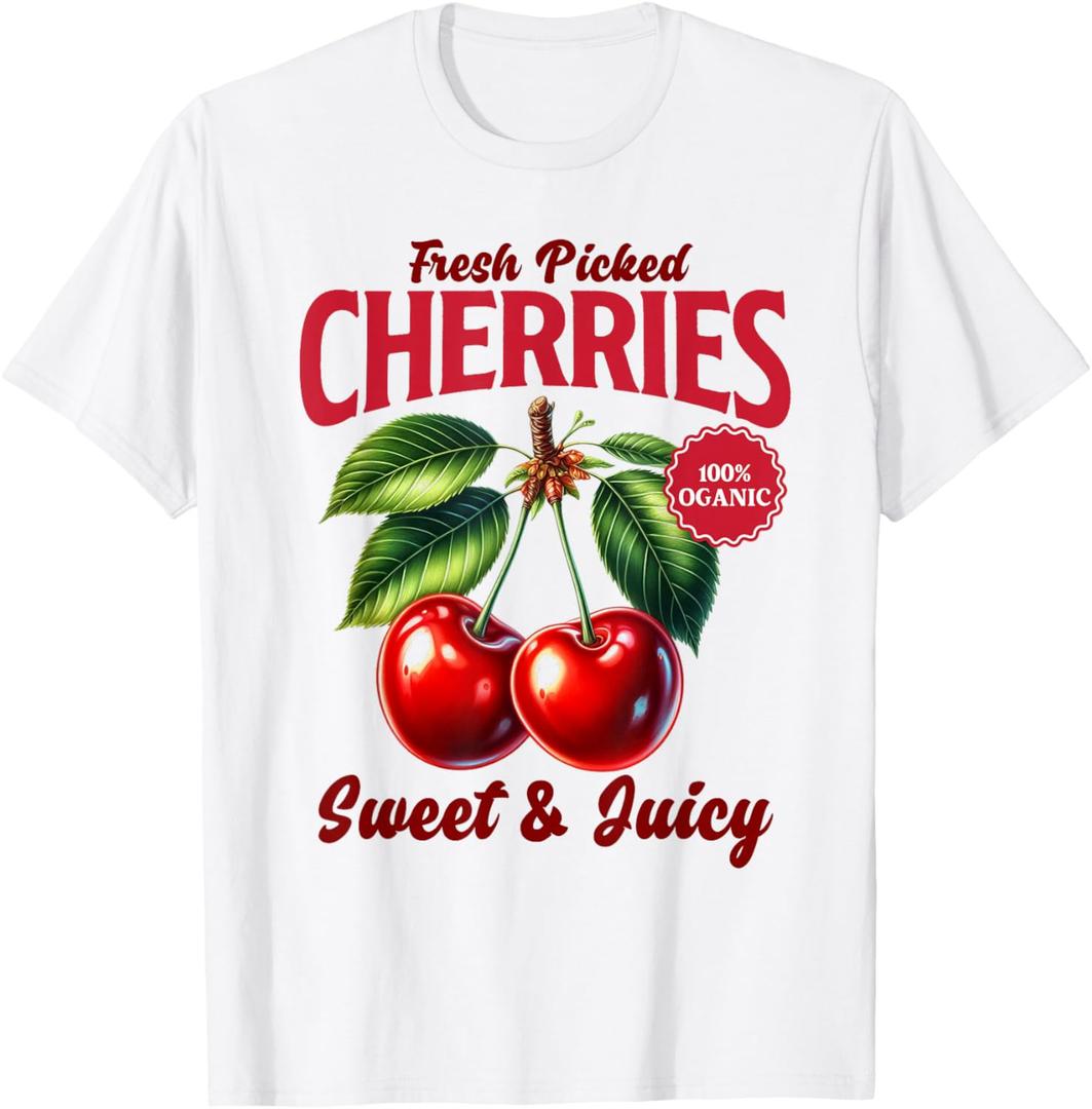 Cherry Farmer's Market Fresh Picked Cherries Cherry Lover T-Shirt, Medium,  White
