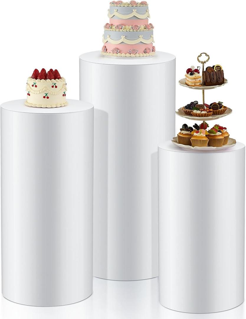 3 Pcs Cylinder Stands for Party, PVC Large White Cake Pedestal Stand, Round Reusable Dessert Display Tables for Birthday Wedding Baby Shower Decoration, 35. 4'' H, 29. 5'' H, 23. 6'' H
