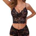 Lilosy Sexy Sheer Floral Lace Pajamas Lingerie Set High Waist Sleepwear Bra and Panty 2 Piece Nightwear (Black)