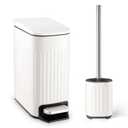 Bathroom Trash Can with Toilet Brush - 1.6 Gallon Slim Stainless Steel Garbage Can, Small Wastebasket for Bathroom, Office, Bedroom, Silicone Toilet Brush Included, White
